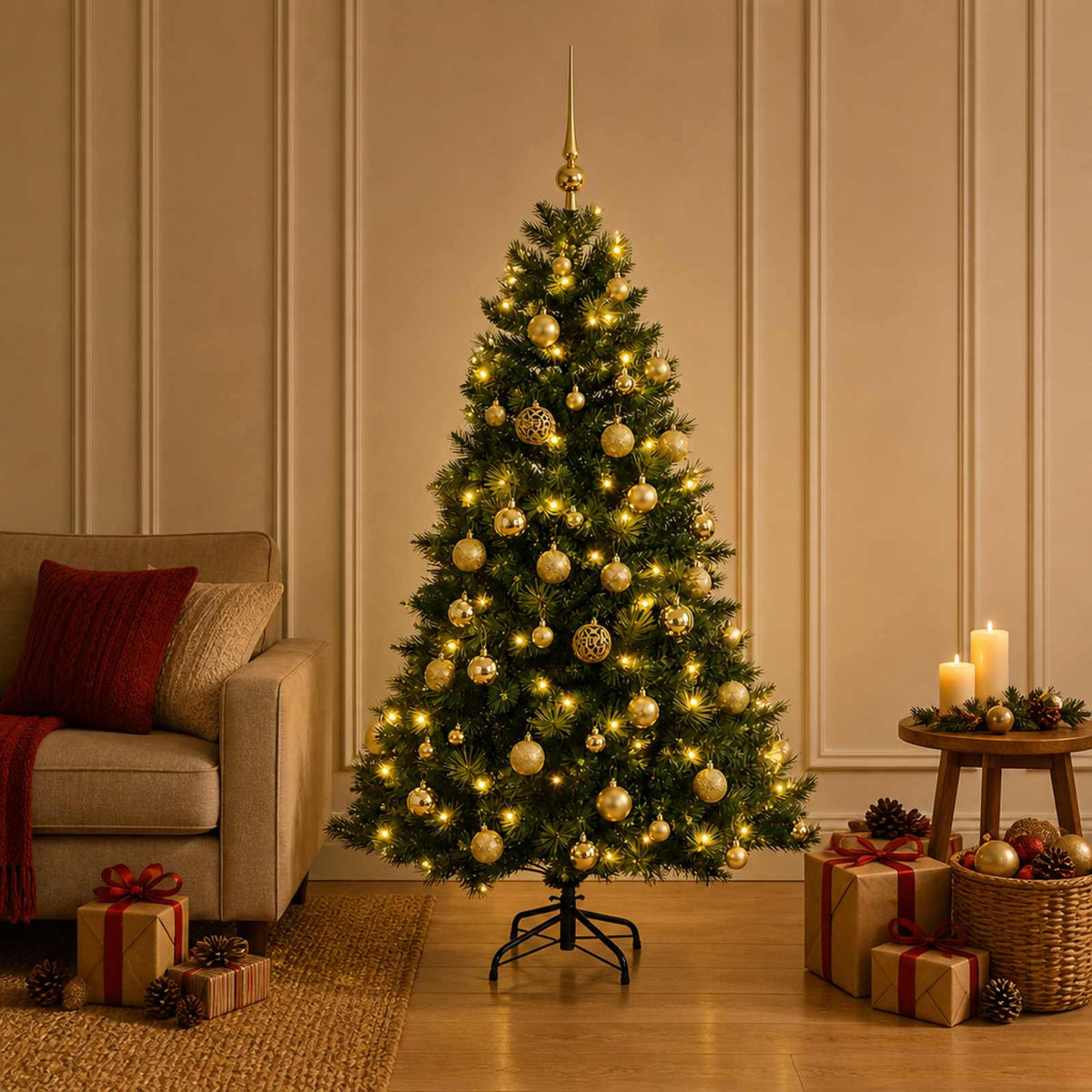 Artificial Christmas Tree Bauble LEDs Green gold balls