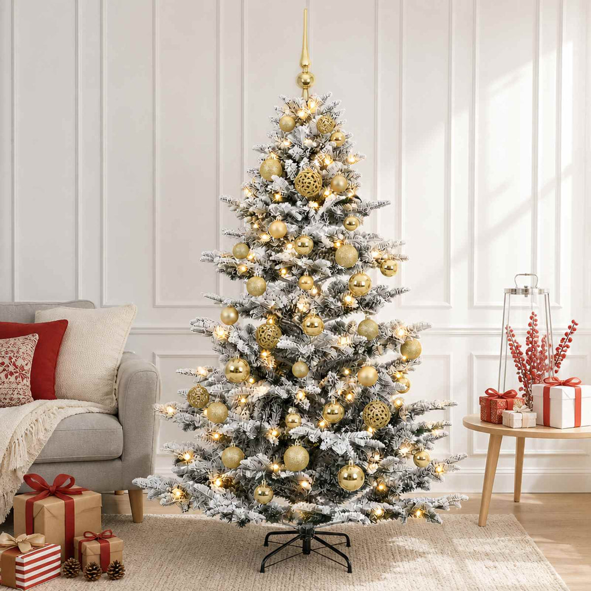 Artificial Christmas Tree with Bauble 150 LEDs Green and White 150 cm with LEDs & gold balls