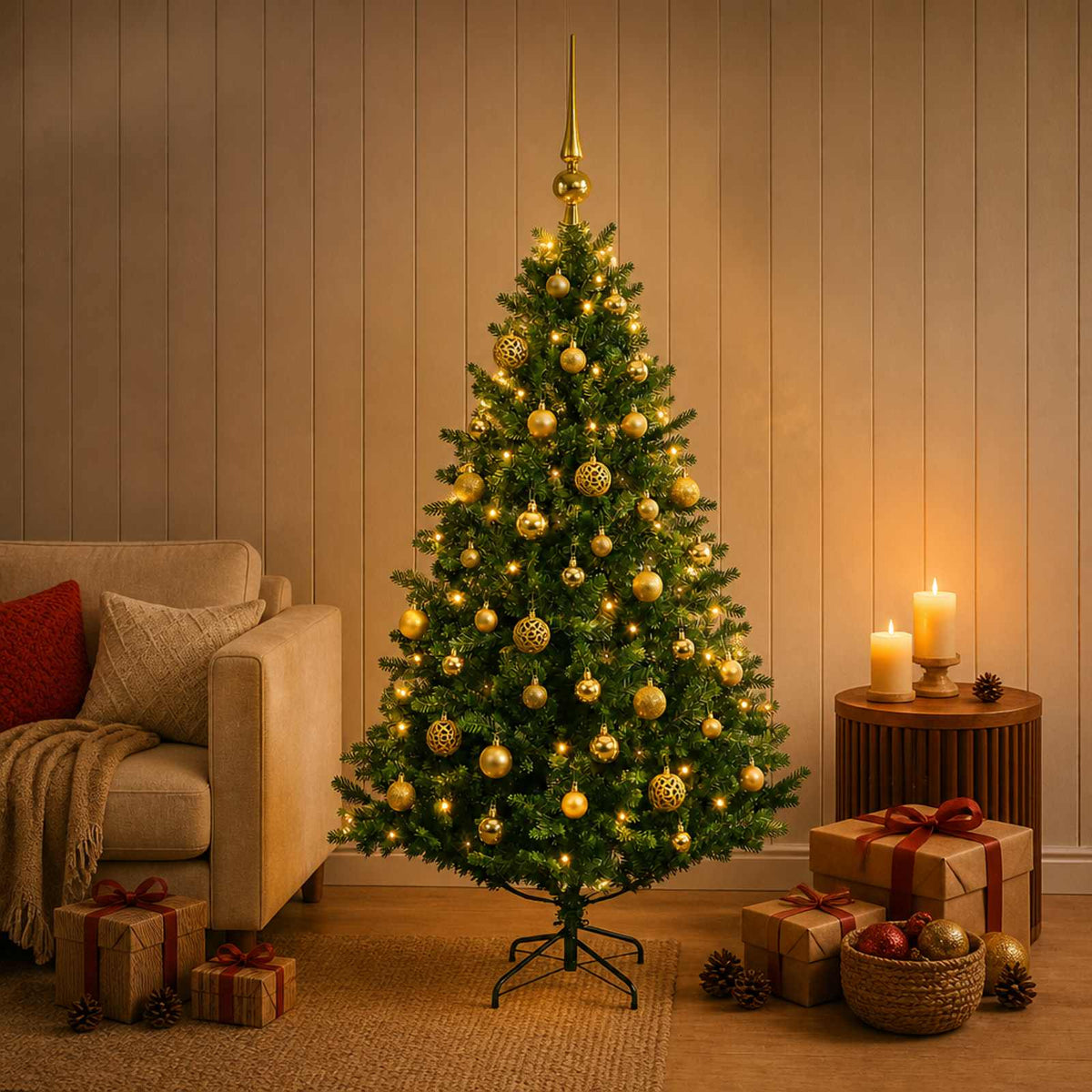 Artificial Christmas Tree Bauble LEDs Green gold balls