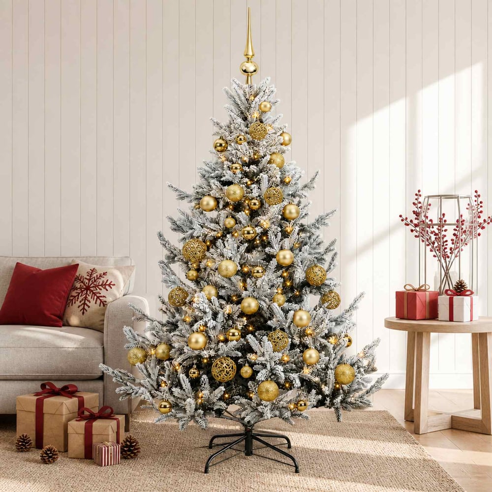 Artificial Christmas Tree with Bauble 150 LEDs Green and White 150 cm with LEDs & gold balls