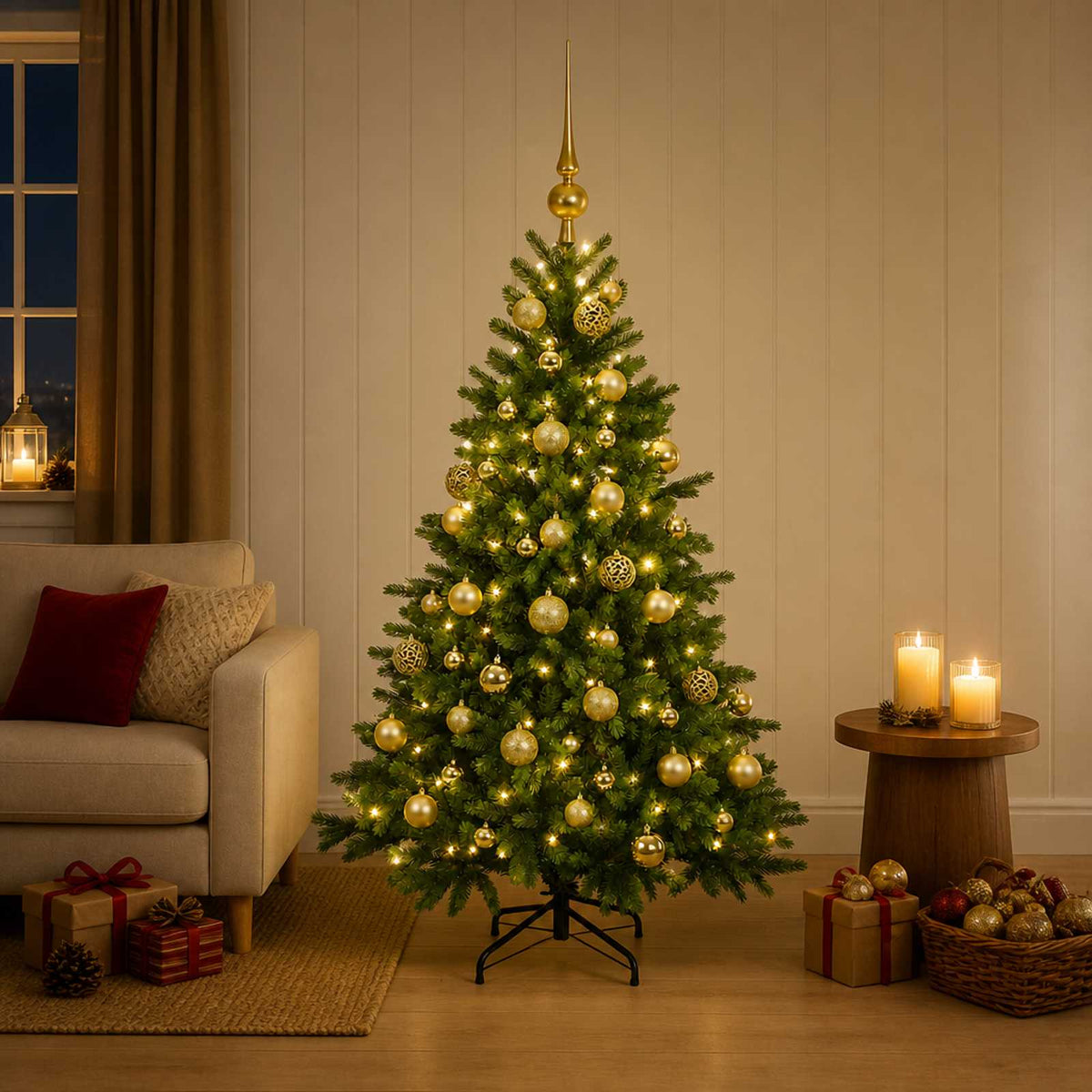 Artificial Christmas Tree with Bauble 150 LEDs 120 cm with LEDs & gold balls