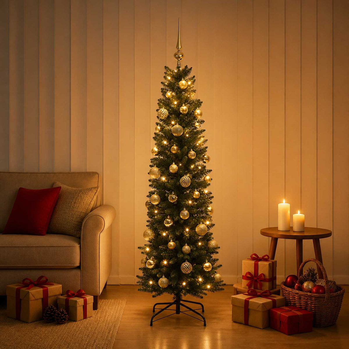vidaXL Artificial Slim Christmas Tree with Bauble 120 cm 150 LEDs 1