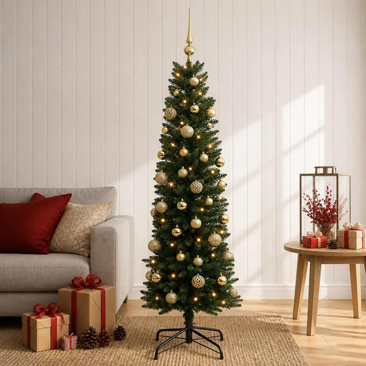 Artificial Slim Christmas Tree with Bauble 150 LEDs Green 120 cm with LEDs & gold/bronze balls