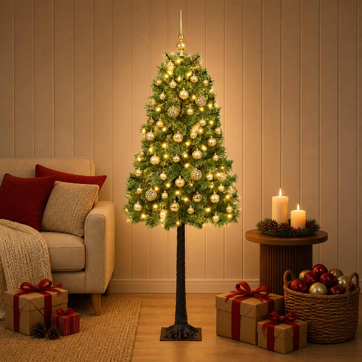 vidaXL Artificial Hinged Christmas Tree with Baubles 150 LEDs