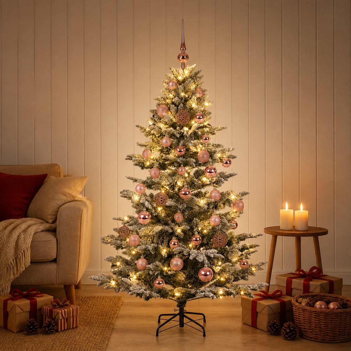 Artificial Christmas Tree with Bauble 150 LEDs Green and White 150 cm with LEDs & pink balls