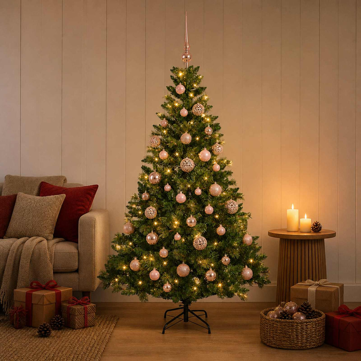 Artificial Christmas Tree with Bauble 150 LEDs Green Height 120 cm with LEDs & pink balls