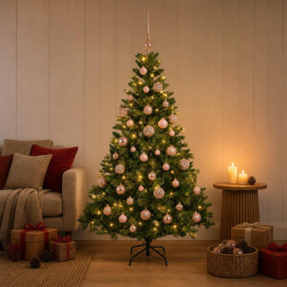 Artificial Christmas Tree with Bauble 150 LEDs Green Height 120 cm with LEDs & pink balls