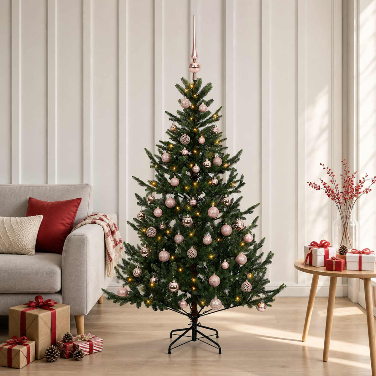 Artificial Christmas Tree with Bauble 150 LEDs Green 150 cm with LEDs & pink balls