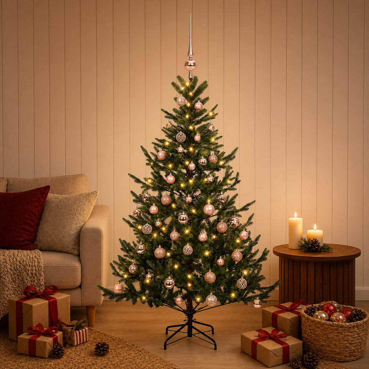 Artificial Christmas Tree with Bauble 150 LEDs Green 150 cm with LEDs & pink balls