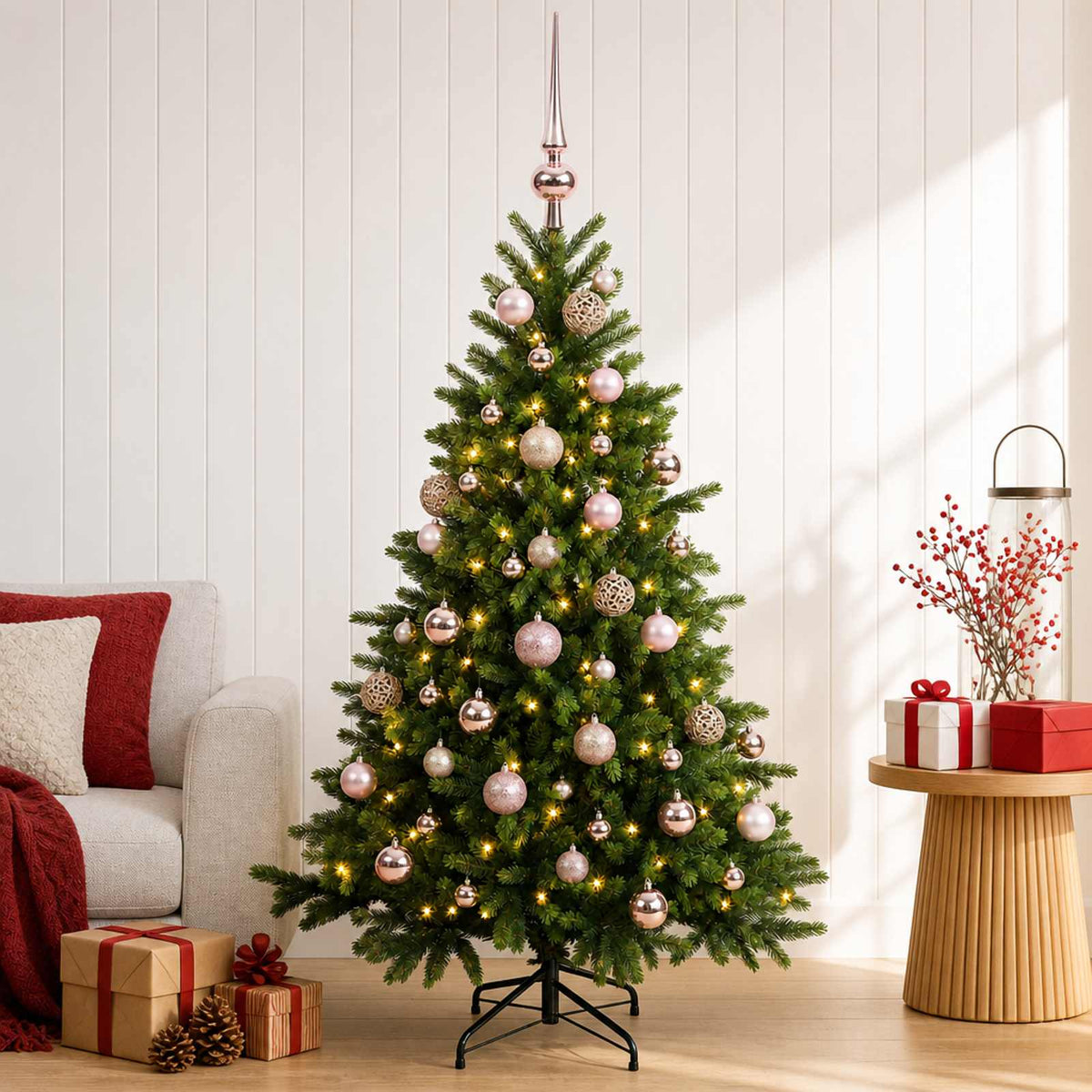 Artificial Christmas Tree with Bauble 150 LEDs 120 cm with LEDs & pink balls
