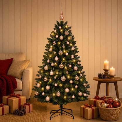 Artificial Christmas Tree Bauble Dark Green LEDs&pink balls