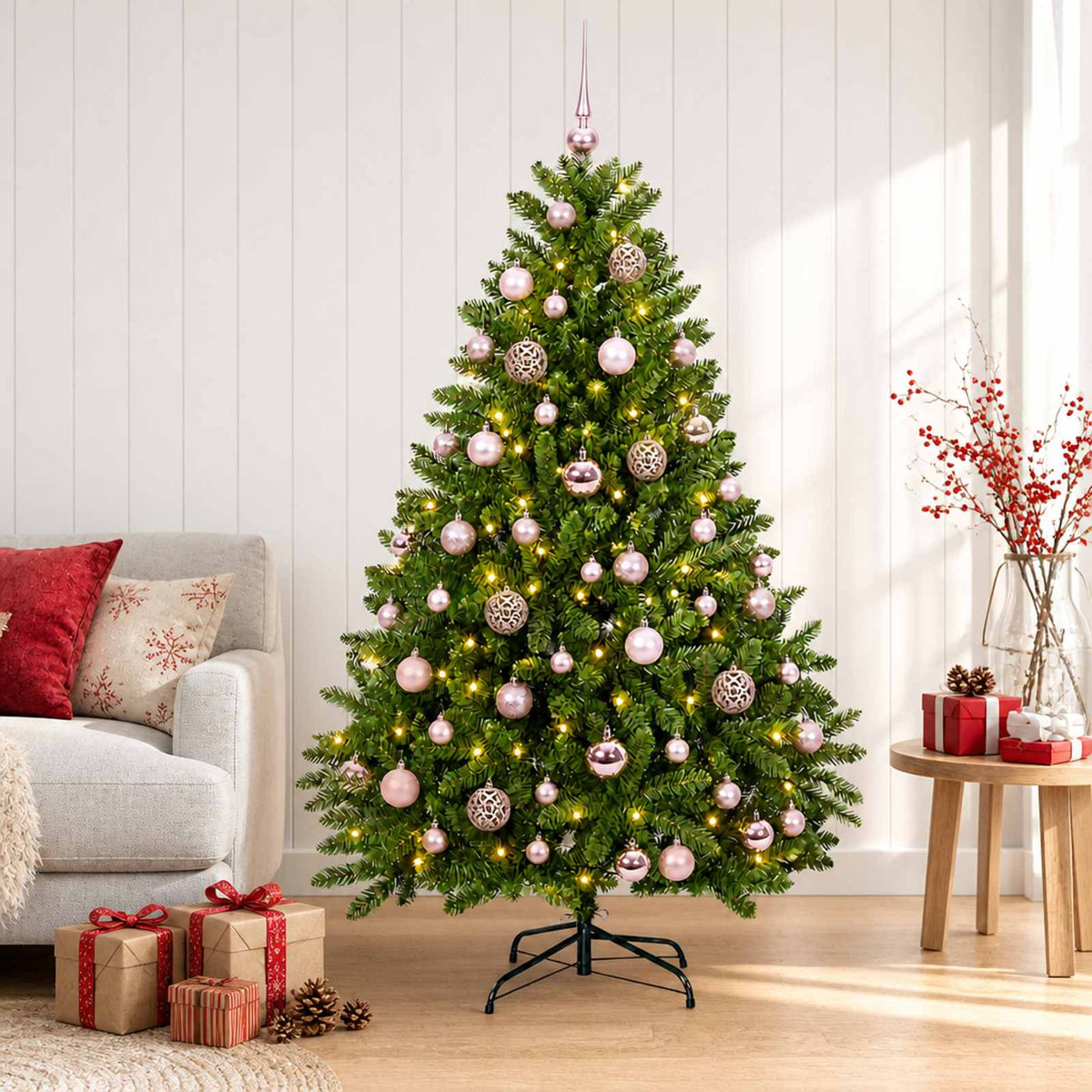 Artificial Christmas Tree with Bauble 120 cm Light green with 150 LEDs&pink balls