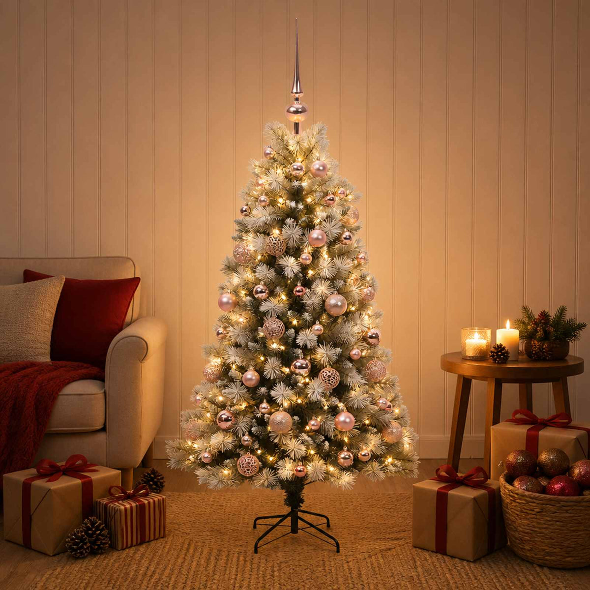 Artificial Hinged Christmas Tree with Baubles 150 LEDs with LEDs & pink balls