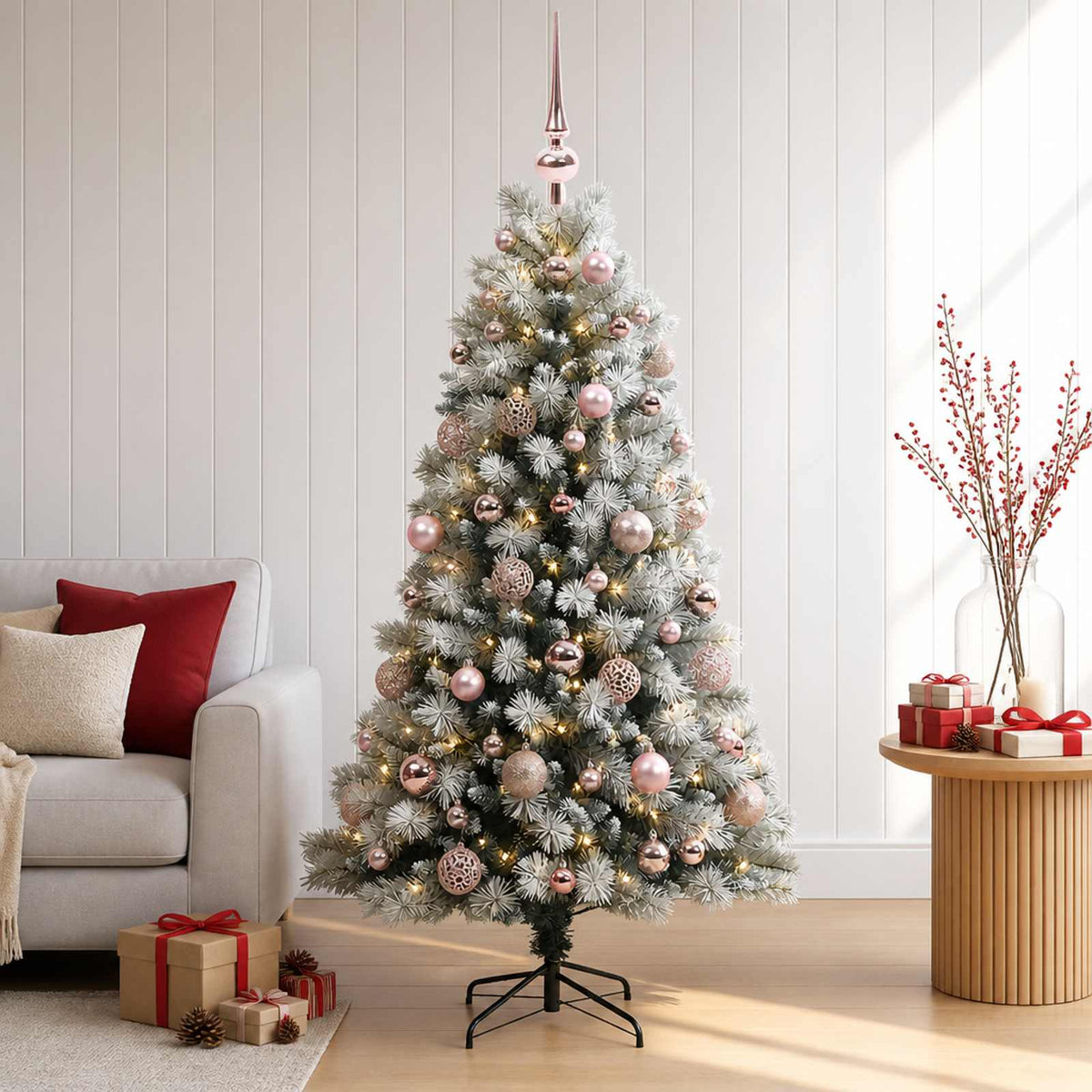 Artificial Hinged Christmas Tree with Baubles 150 LEDs with LEDs & pink balls