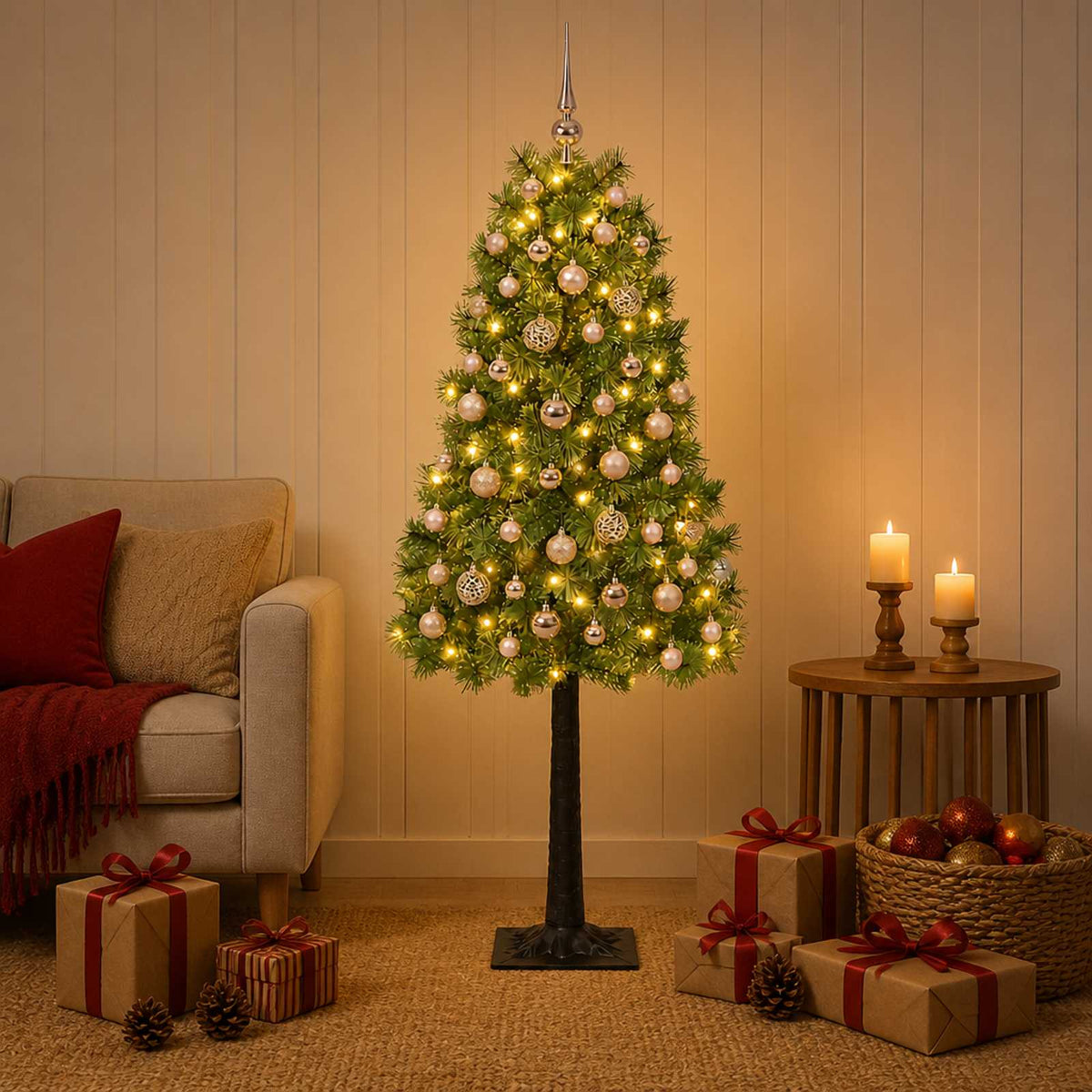 Artificial Hinged Christmas Tree with Baubles 150 LEDs Green 120 cm with LEDs & pink balls