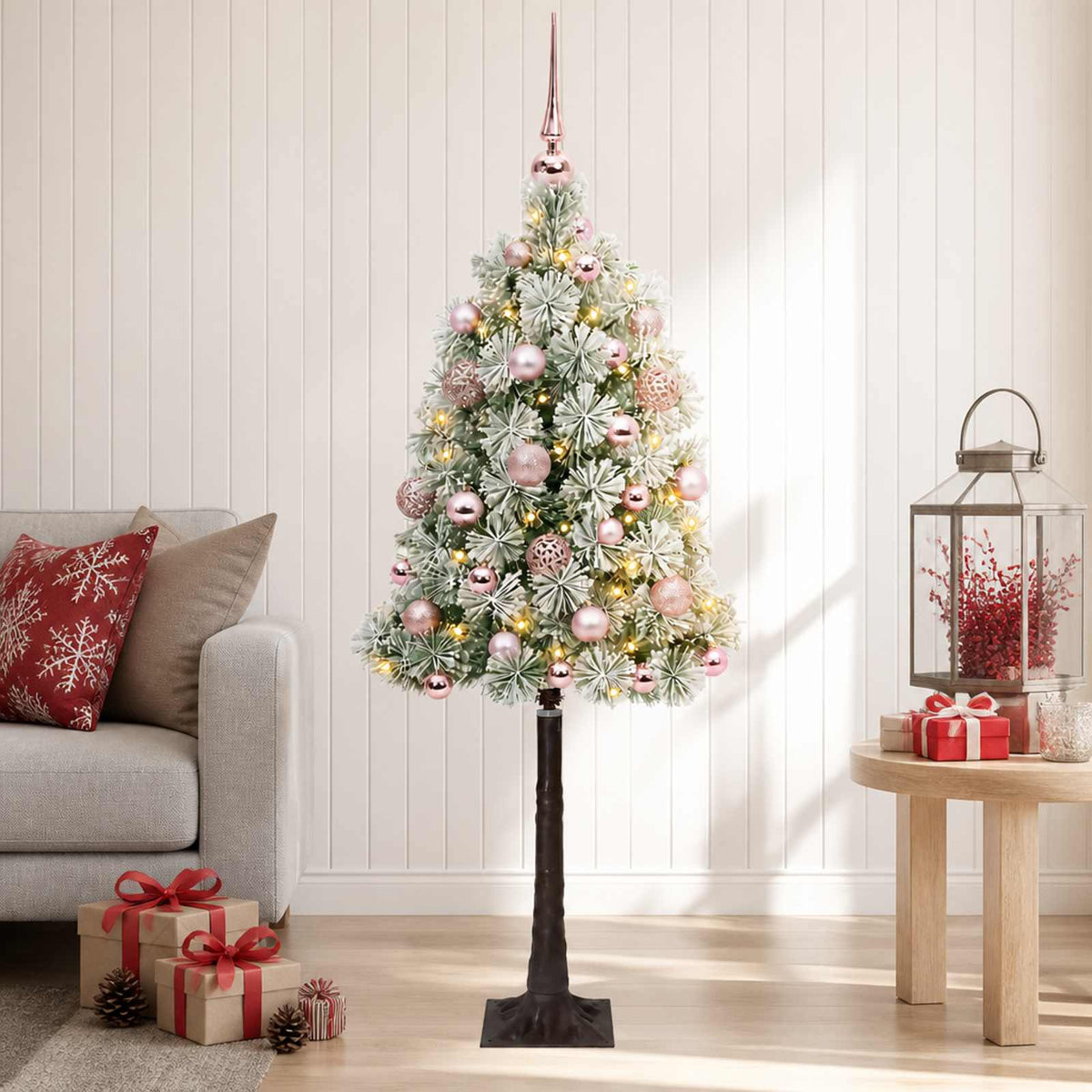 Artificial Hinged Christmas Tree with Baubles 150 LEDs Green and white 120 cm with LEDs & pink balls