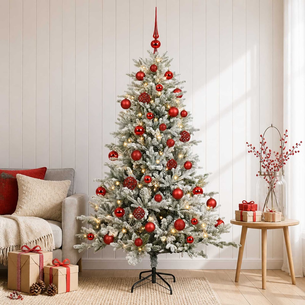Artificial Christmas Tree with Bauble 150 LEDs Green and White 120 cm with LEDs & red balls
