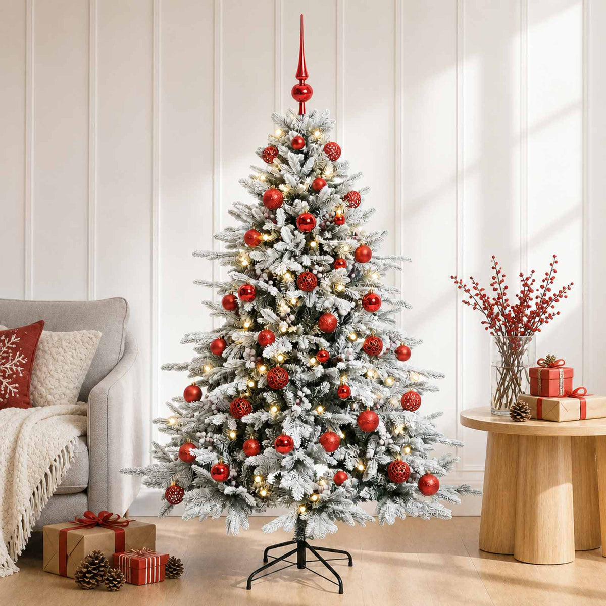 Artificial Christmas Tree Bauble LEDs Green White red balls