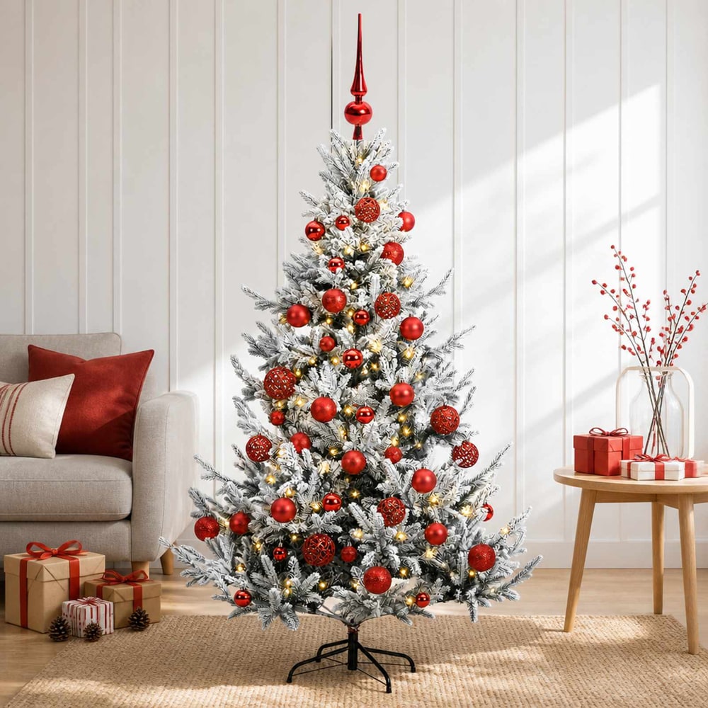 Artificial Christmas Tree with Bauble 150 LEDs Green and White 150 cm with LEDs & red balls