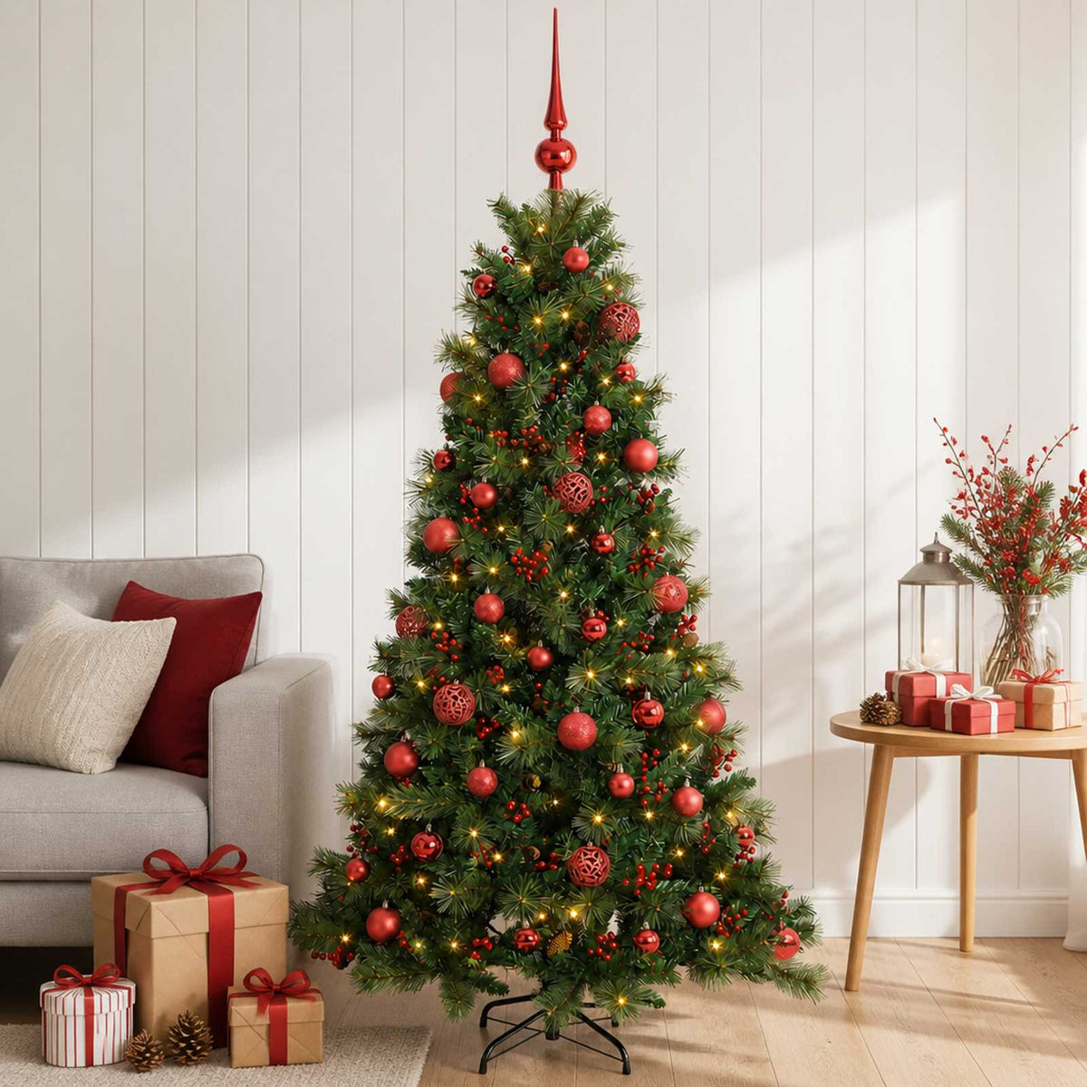Artificial Christmas Tree with Bauble 150 LEDs 150 cm with LEDs & red balls