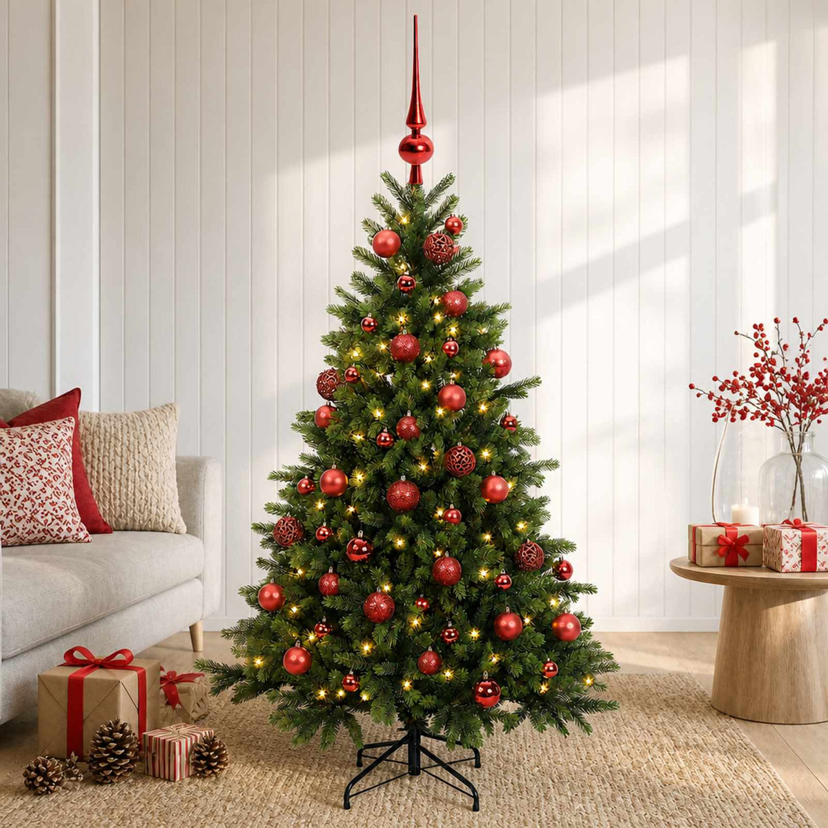 Artificial Christmas Tree with Bauble 150 LEDs 120 cm with LEDs & red balls
