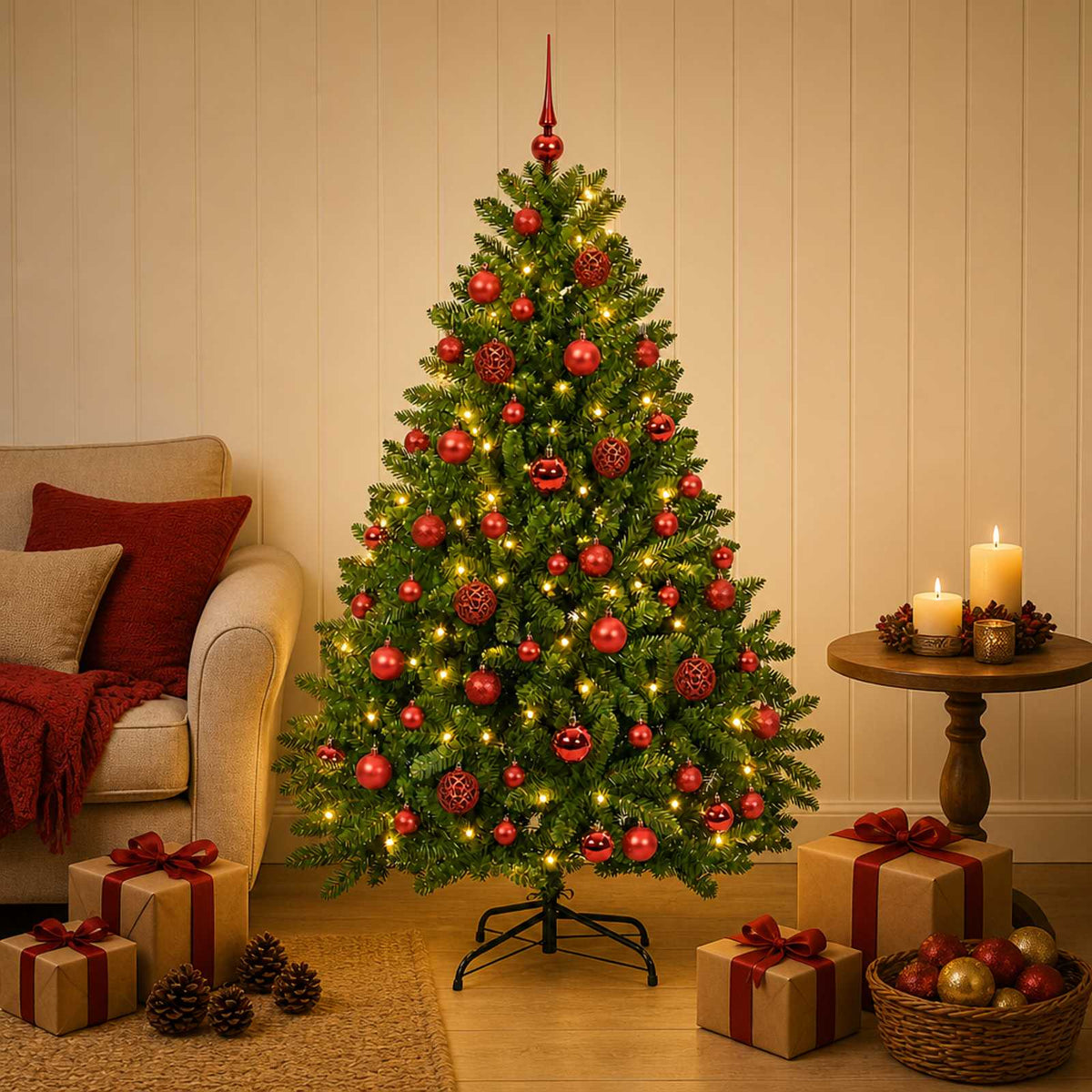Artificial Christmas Tree with Bauble 120 cm Light green with 150 LEDs&red balls