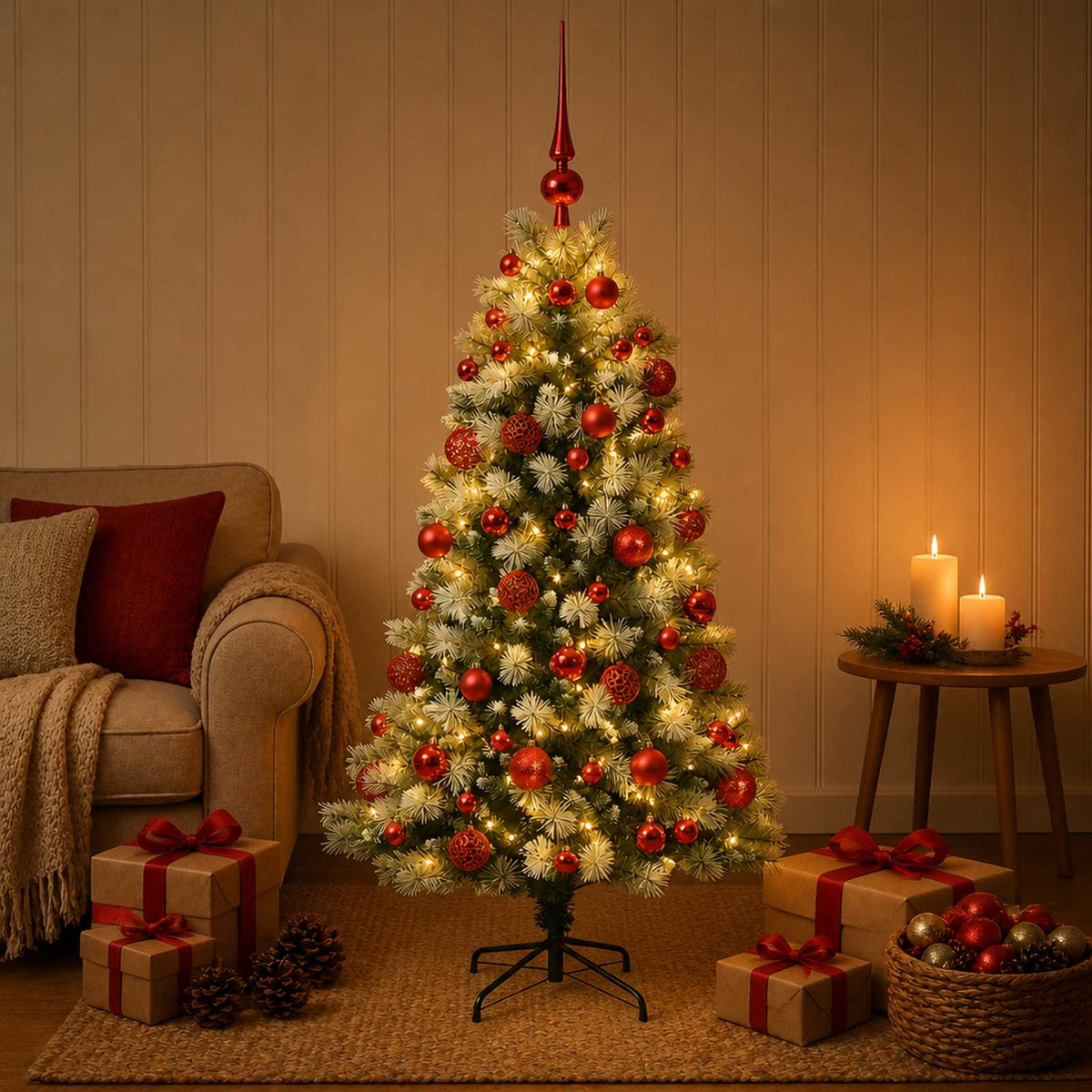 Artificial Hinged Christmas Tree with Baubles 150 LEDs with LEDs & red balls