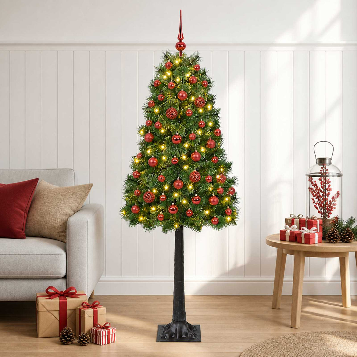 Artificial Hinged Christmas Tree with Baubles 150 LEDs Green 120 cm with LEDs & red balls