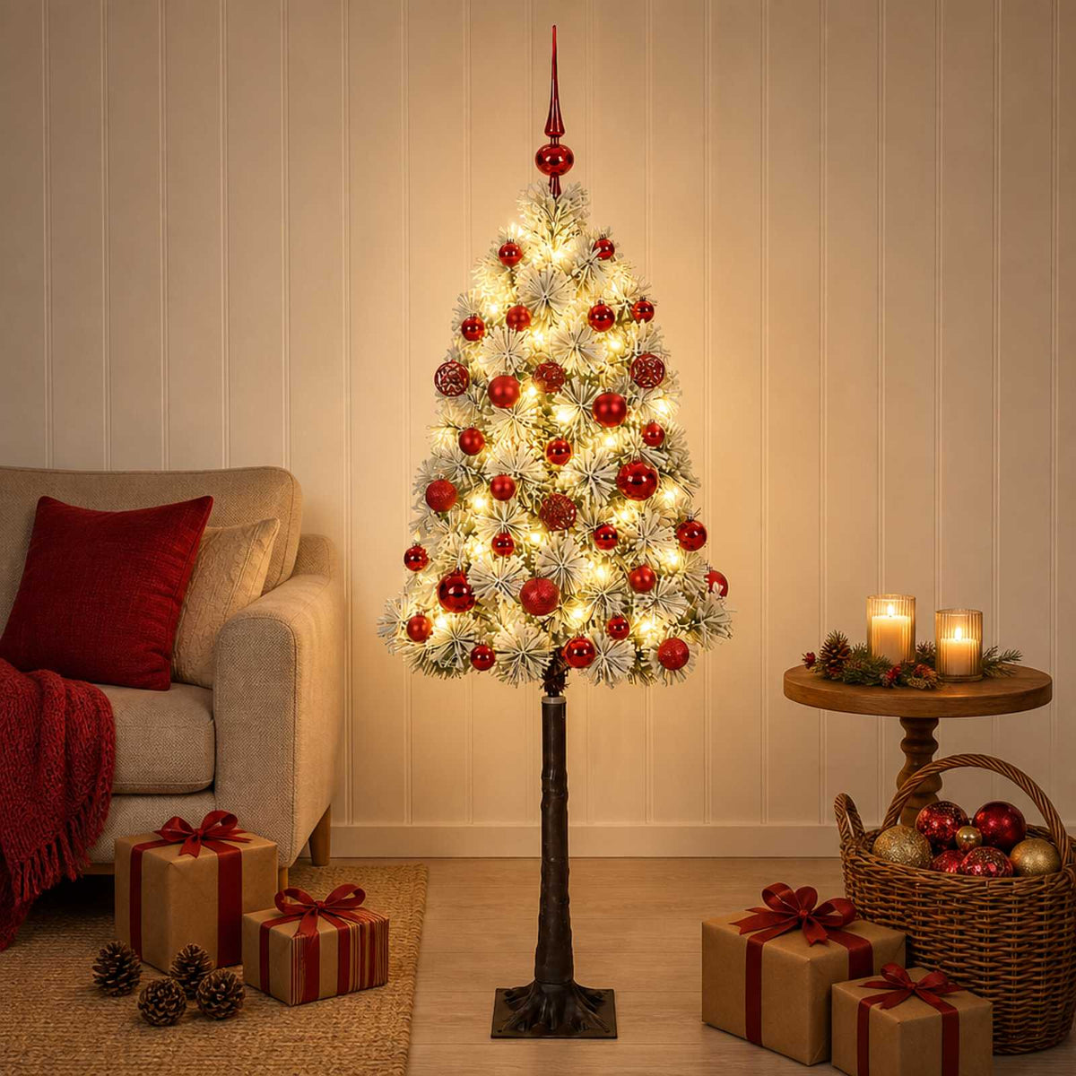 Artificial Hinged Christmas Tree with Baubles 150 LEDs Green and white 120 cm with LEDs & red balls