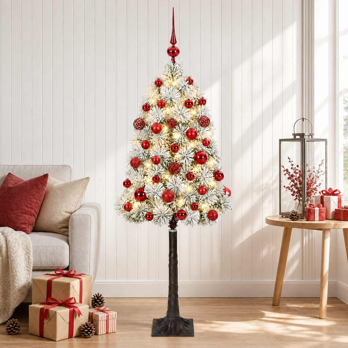 Artificial Hinged Christmas Tree with Baubles 150 LEDs Green and white 120 cm with LEDs & red balls