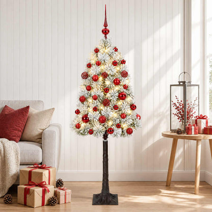 Artificial Hinged Christmas Tree with Baubles 150 LEDs Green and white 120 cm with LEDs & red balls
