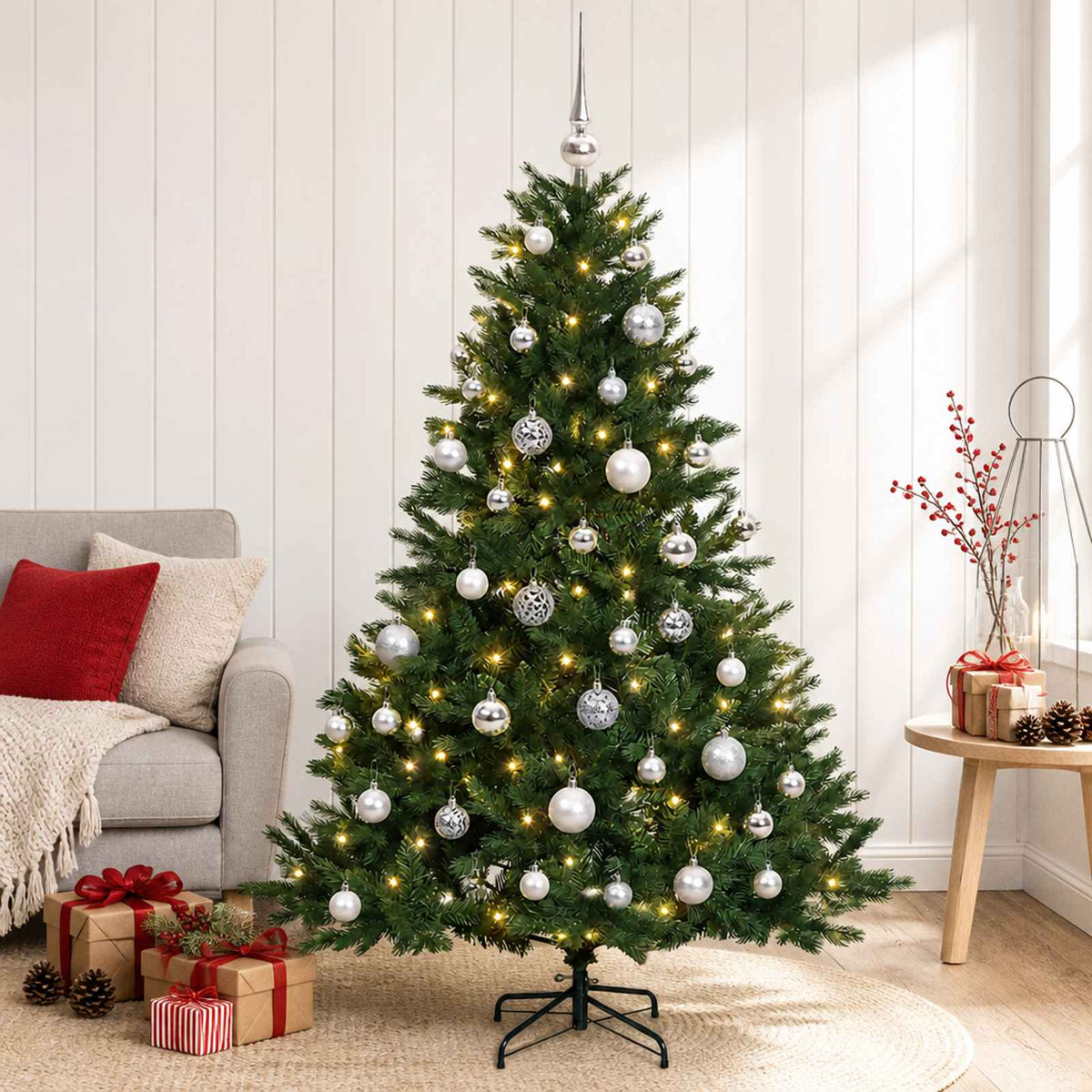 Artificial Christmas Tree Bauble LEDs Green silver balls