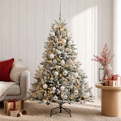 Artificial Christmas Tree with Bauble 150 LEDs Green and White with LEDs & silver balls