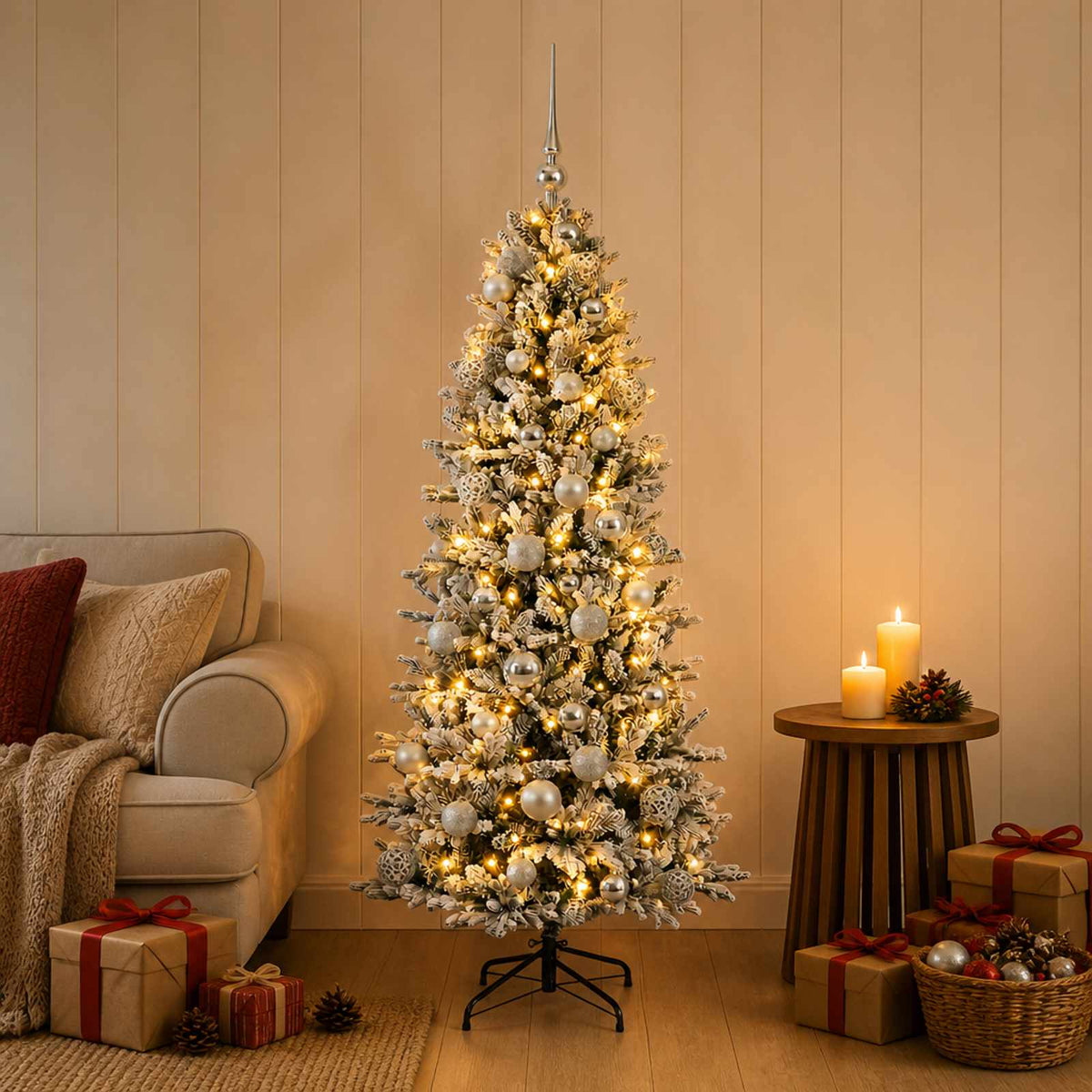 Artificial Christmas Tree Bauble LEDs Green White silver balls