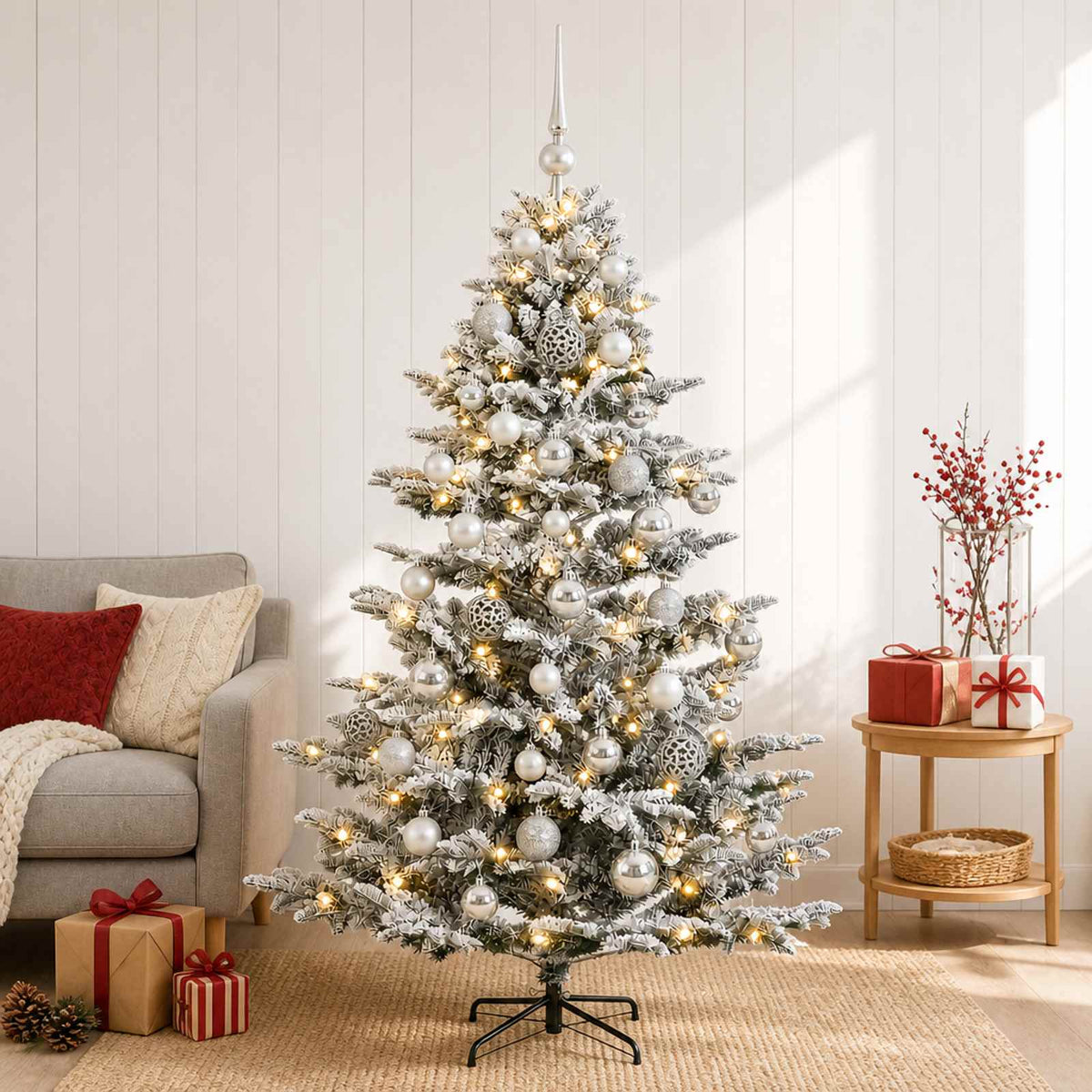 Artificial Christmas Tree with Bauble 150 LEDs Green and White 150 cm with LEDs & silver balls