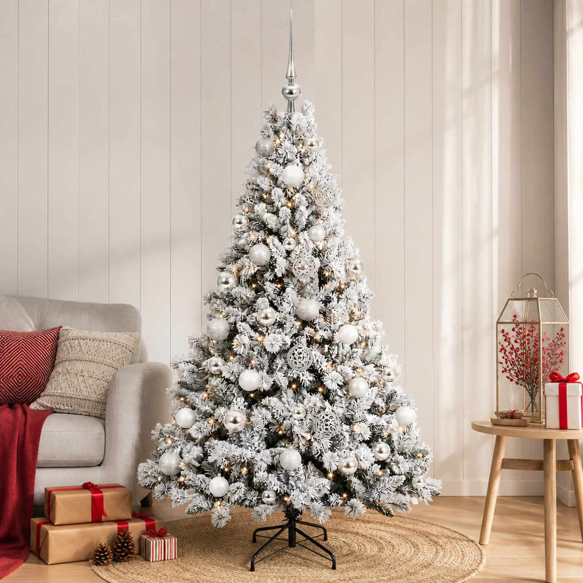 Artificial Christmas Tree Bauble LEDs Green White silver balls