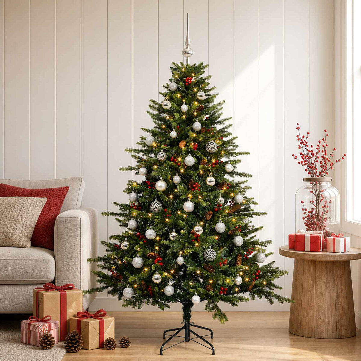 Artificial Christmas Tree Bauble LEDs Green silver balls