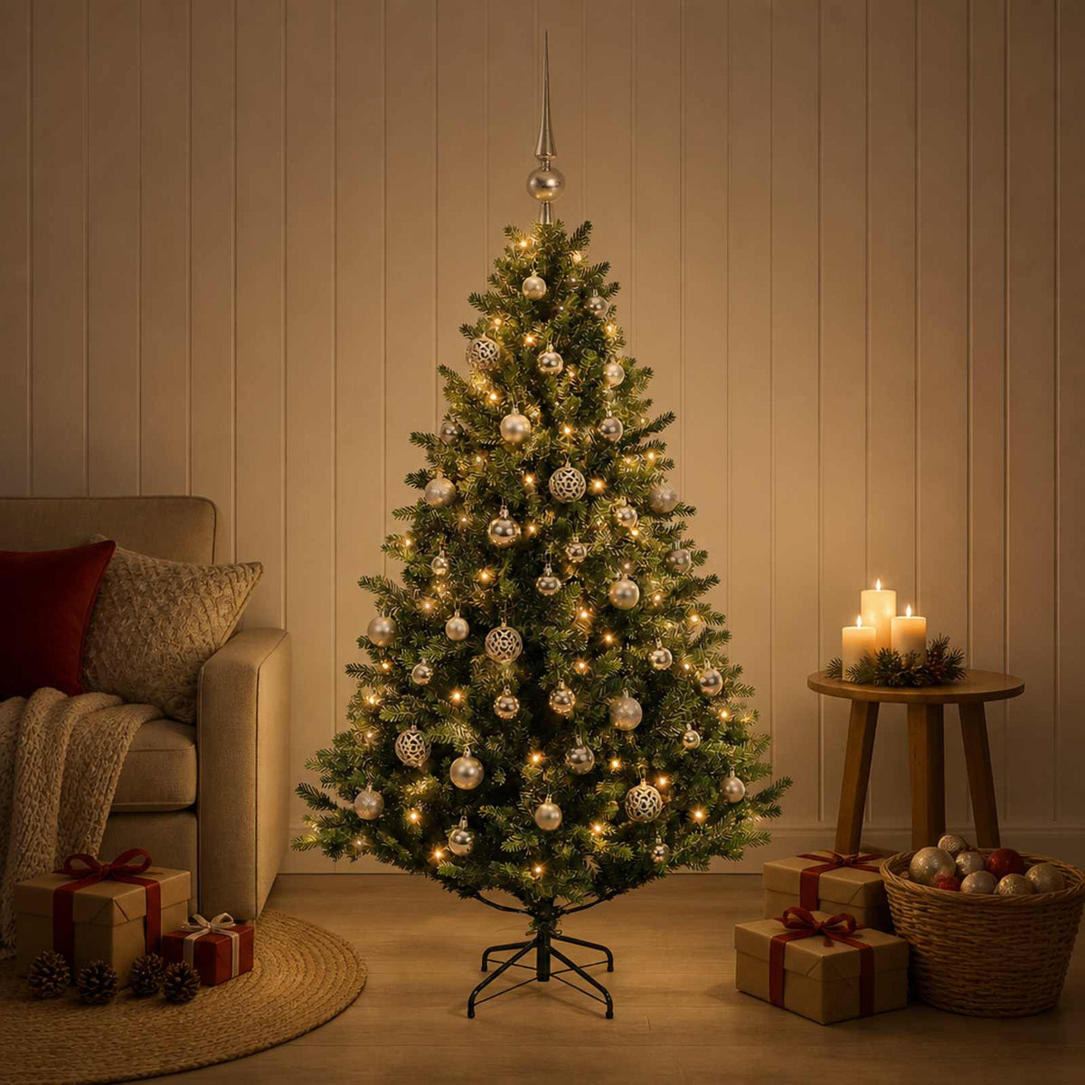 Artificial Christmas Tree Bauble LEDs Green silver balls