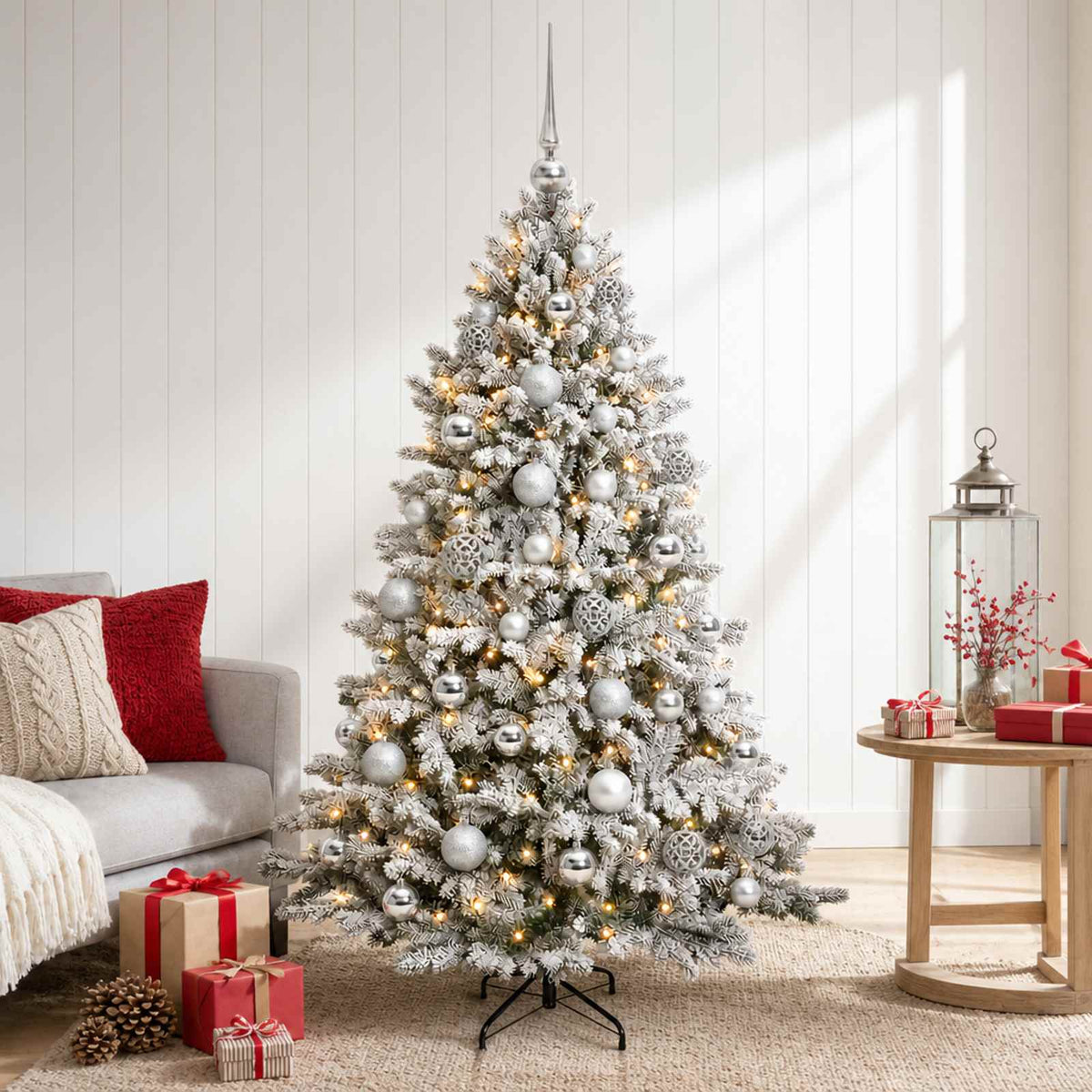 Artificial Christmas Tree Bauble LEDs Green White silver balls