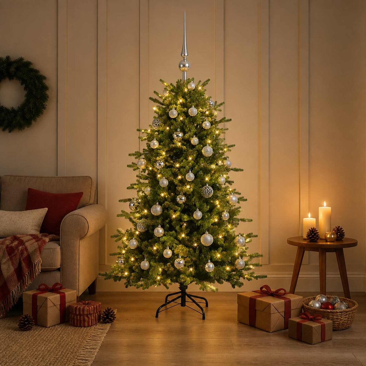 Artificial Christmas Tree with Bauble 150 LEDs 120 cm with LEDs & silver balls