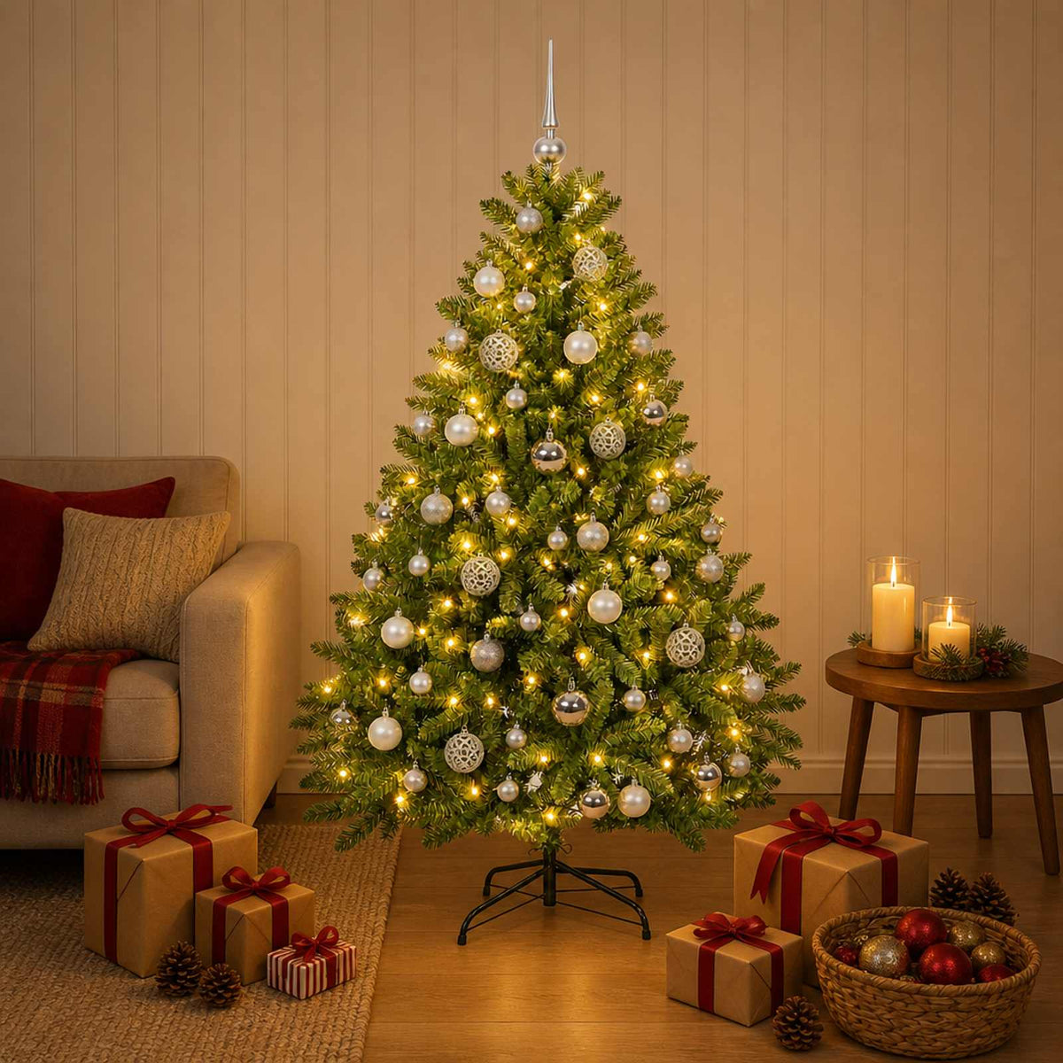 Artificial Christmas Tree with Bauble 120 cm Light green with 150 LEDs&silver balls