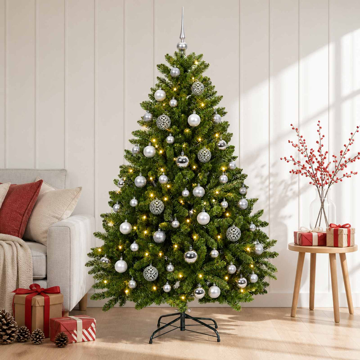 Artificial Christmas Tree with Bauble 120 cm Light green with 150 LEDs&silver balls