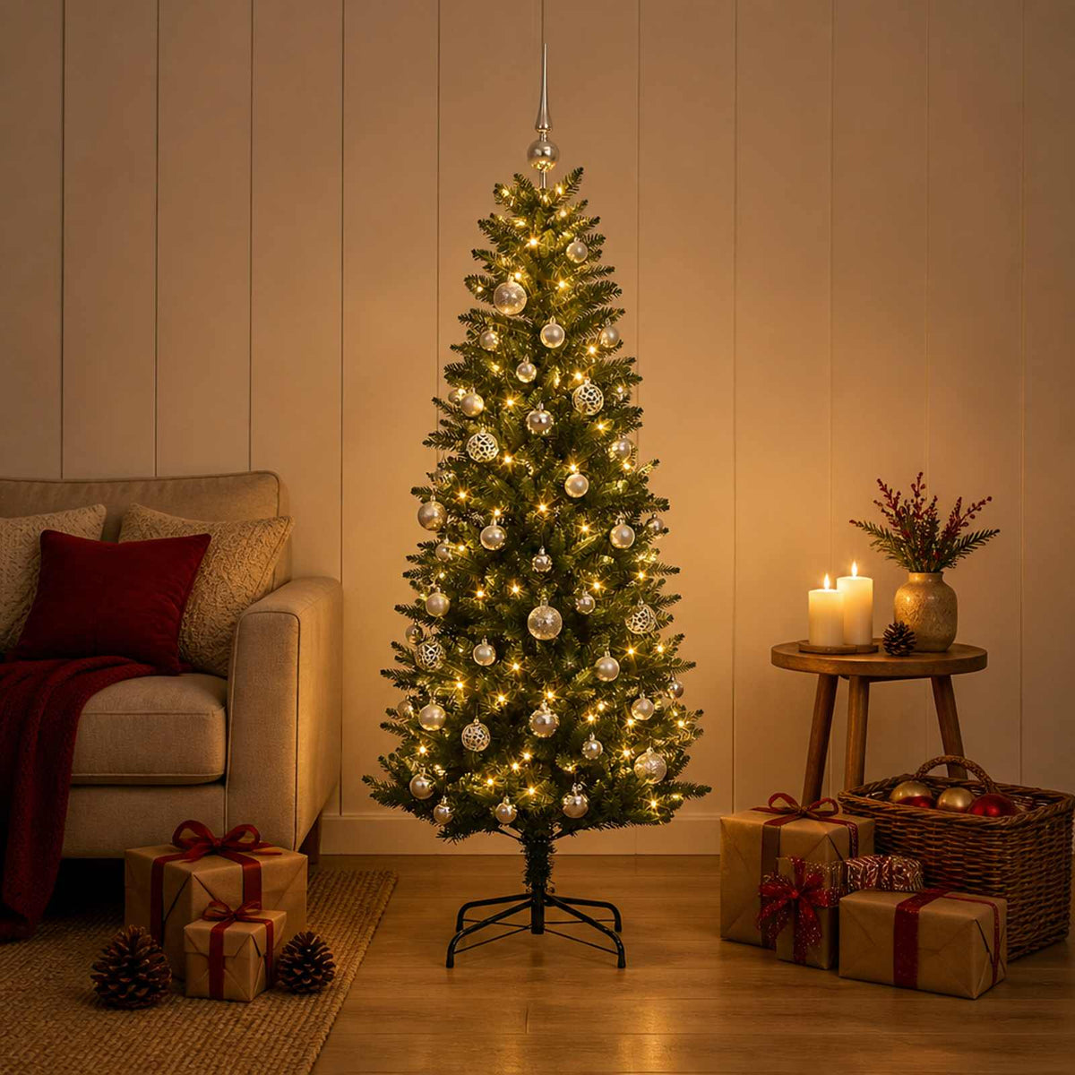 Artificial Christmas Tree with Bauble 150 LEDs Green 120 cm with LEDs &  silver balls