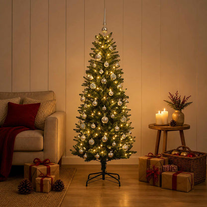 Artificial Christmas Tree with Bauble 150 LEDs Green 120 cm with LEDs &  silver balls