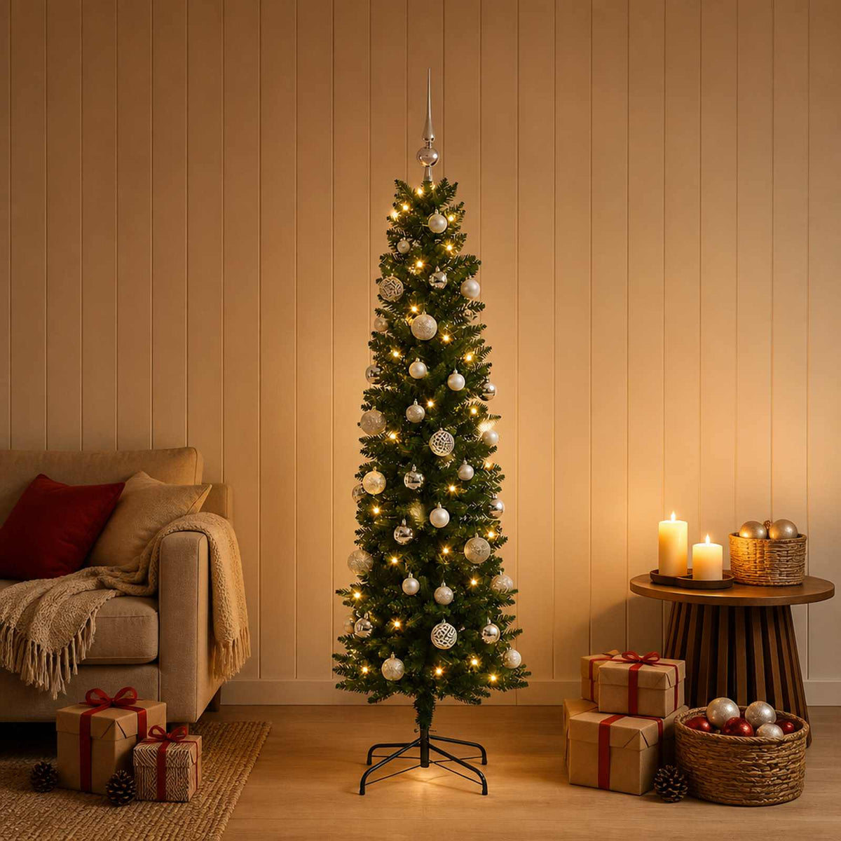 Artificial Slim Christmas Tree Bauble LEDs Green silver balls
