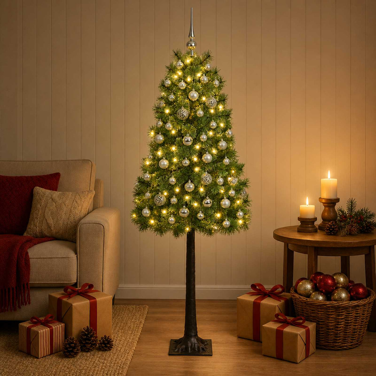 Artificial Hinged Christmas Tree with Baubles 150 LEDs Green 120 cm with LEDs & silver balls