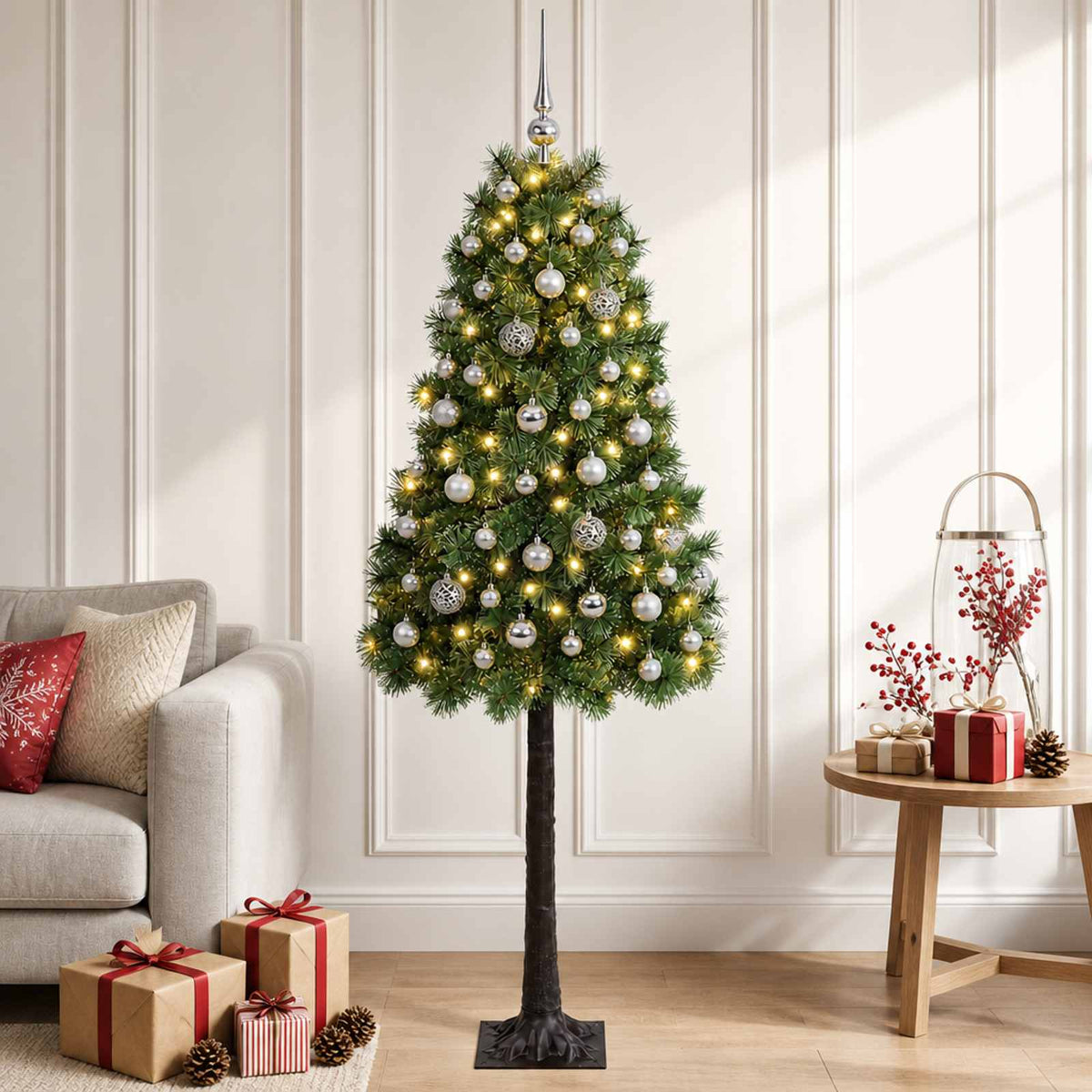 Artificial Hinged Christmas Tree with Baubles 150 LEDs Green 120 cm with LEDs & silver balls