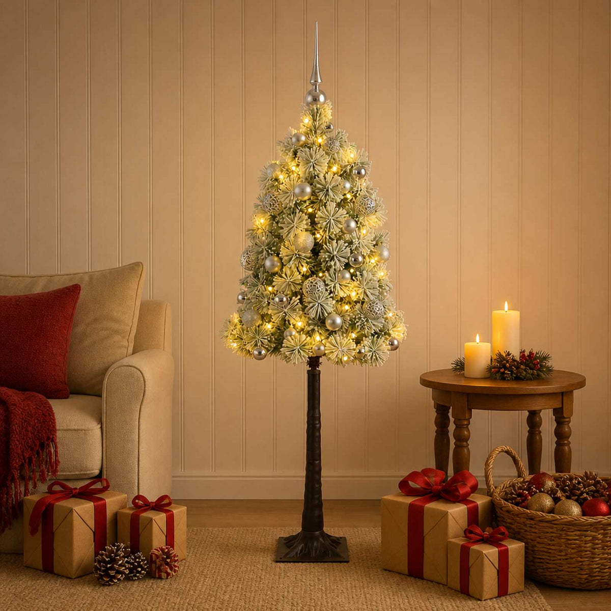 Artificial Hinged Christmas Tree with Baubles 150 LEDs Green and white 120 cm with LEDs & silver balls