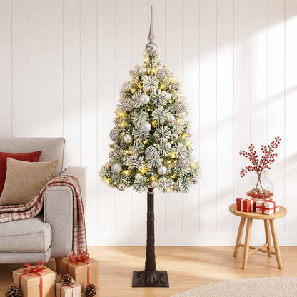 Artificial Hinged Christmas Tree with Baubles 150 LEDs Green and white 120 cm with LEDs & silver balls