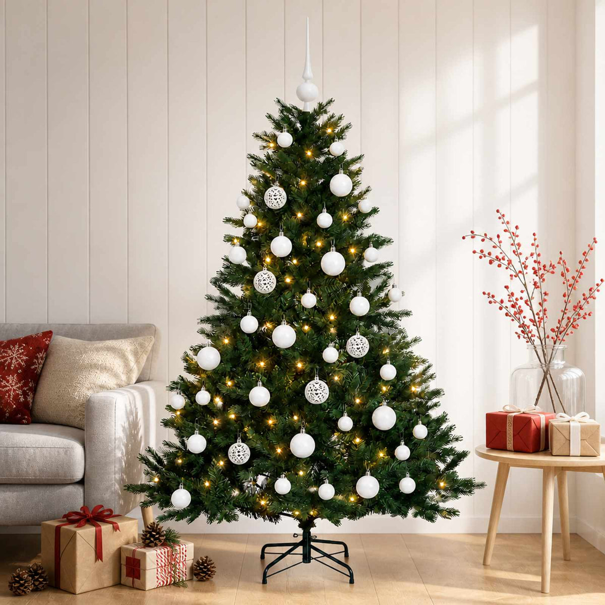 Artificial Christmas Tree Bauble LEDs Green white balls